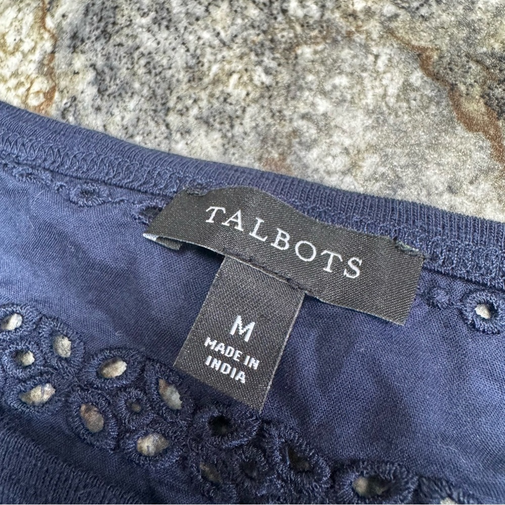 Talbots Navy Blue Eyelet Lace Detail Midi SS Slub Knot Cotton Dress Size Medium - Picture 6 of 8